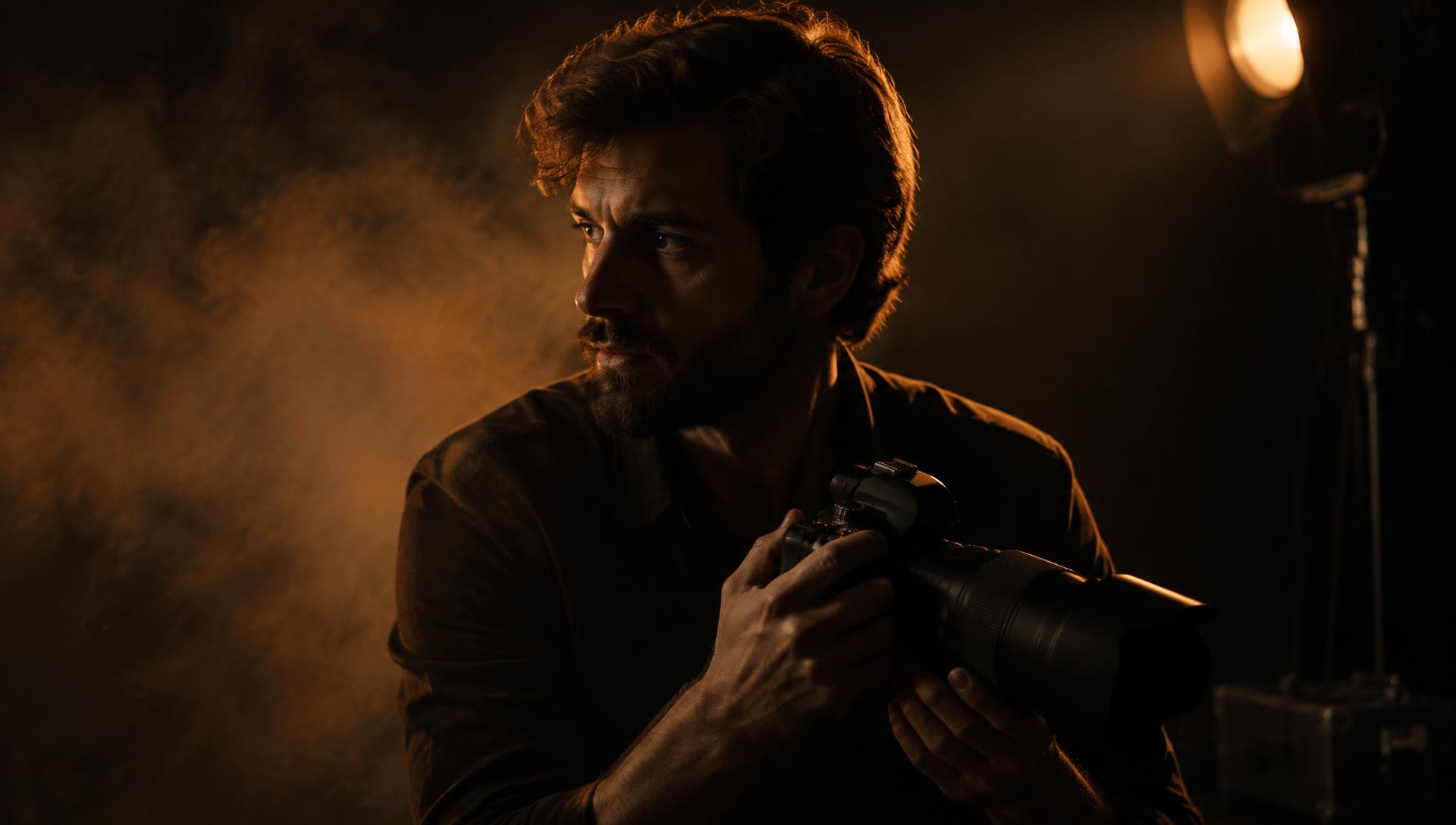Photographer holding a DSLR camera in a dimly lit studio