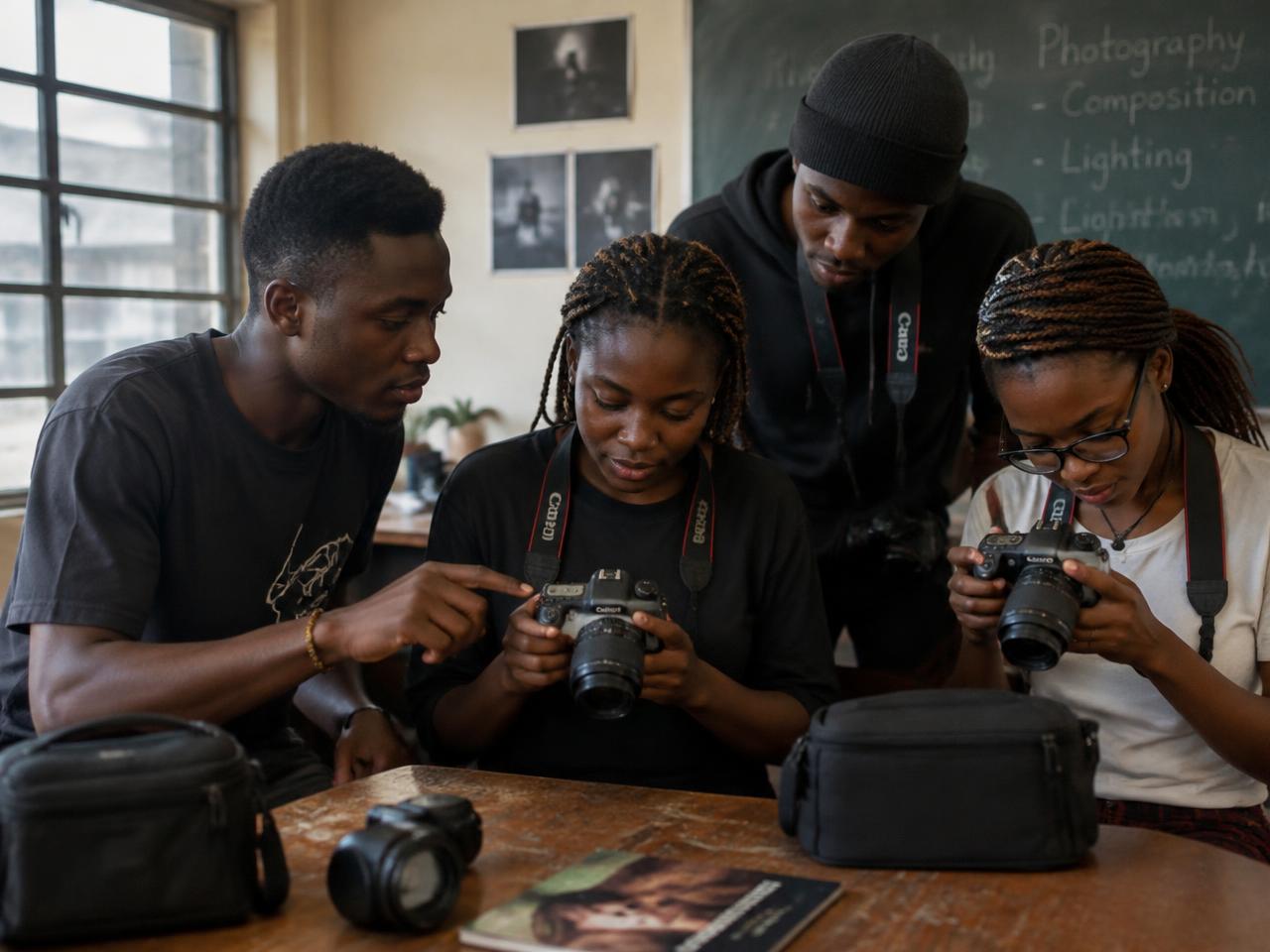 Photography students examining DSLR cameras in a classroom